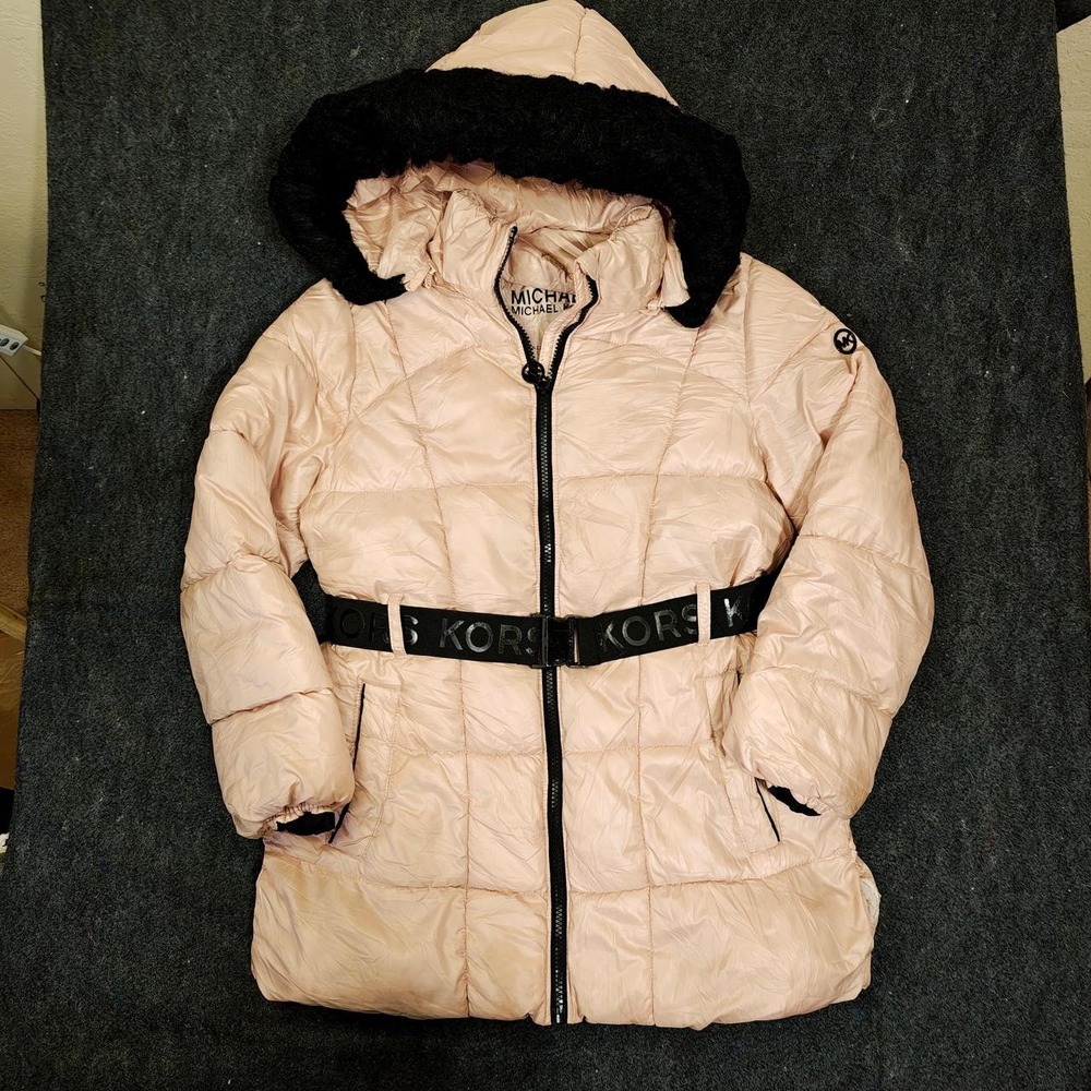 Michael Kors Girls Puffer Jacket Blush Pink Hooded Belted Coat Size 10/12